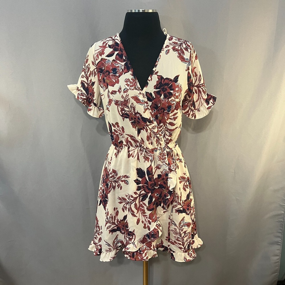 Sienna Sky Faux Wrap Mini Dress Womens Small Beige Floral Ruffle Surplice Neck